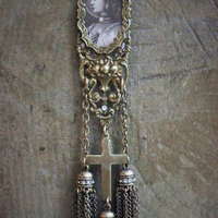 I will Dare Necklace w/Antique Gilt Finding,Vintage Prong Set Rhinestone ChainTassels,Antique Cross,Vintage Gold Link Chain