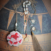 Remember Necklace Set w/Antique Mirrored Compact,Rare Antique French Medals,Antique French Mother of Pearl Rosary Beads,Chain Tassel ++