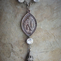 Sold to S The Apparition Necklace Set w/Rare Antique French Sculptural Bronze Marian Apparition Medal,Vintage Rivoli Crystal Chain,Antique Tassel