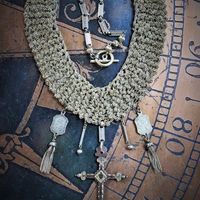 Crocheted Chain Necklace w/RARE Antique French Gold Sacred Heart Jeannette Cross,Matching Antique Crowned SH Medals,Antique Tassels