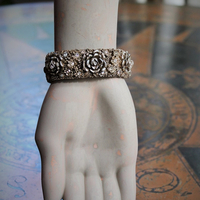 Hand Painted Antique Carved Rose Celluloid Bracelet w/Antique Sterling Rose Connector,Antique Sterling Rose,Capped Silk Tassel