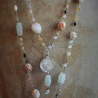 Bohemian Necklace Set w/Antique Metallic Thread Crocheted Stones,Antique Flaming Sacred Heart Medal,Antique French Rosary Chains,Drops+