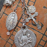 Antique Paste Sterling Chain Necklace w/Rare Antique Queen of the Clergy-St. Tarticisius Medal,Rare Antique Rose Mary+ Rare Cross Heart