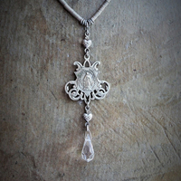 Antique French Marian Necklace w/RARE Tiny Antique 1800's French Metal Sequin Chain,Sacred Heart Connectors,Antique Crystal Tear Drop