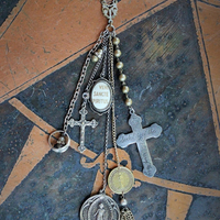 The Guardian Necklace w/Antique French Sterling Child Jesus Medal,1878 Virgin Medal,Rare Engraved Sodality Cross,Antique Child's Ring++