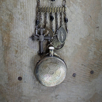 The Anaphora Necklace w/RARE Antique Sterling 18k Vermeil Engraved Maltese Cross & Crown of Thorns Eucharist Pyx,Antique Penin Medal+++