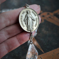 Mother Mary Necklace w/Antique Etched Rock Crystal Beads,Rare Sculptural Marian Medal,Antique Sterling Marcasite Connector,Faceted Glass Drop
