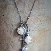 To Pray Necklace w/Antique French Sterling Pocket Watch Lockets,Sacred Heart and Thy Kingdom Come Cross,Antique Sterling Chiming Heart