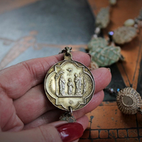Bohemian Necklace Set w/Antique Metallic Thread Crocheted Stones,Antique Flaming Sacred Heart Medal,Antique French Rosary Chains,Drops+