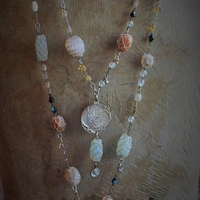 Bohemian Necklace Set w/Antique Metallic Thread Crocheted Stones,Antique Flaming Sacred Heart Medal,Antique French Rosary Chains,Drops+