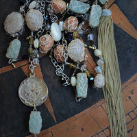 Bohemian Necklace Set w/Antique Metallic Thread Crocheted Stones,Antique Flaming Sacred Heart Medal,Antique French Rosary Chains,Drops+