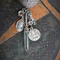 Antique Faceted Cut Steel Bead 12 Coil Ring w/Antique French Medals,Sterling Capped Crystal Point,Antique Faceted Crystal Drops