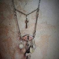 He Made the Key Necklace w/Tiny Antique Padlock & Original Key,Antique Keyhole Finding,Antique French Medals,Antique Muff Chain Crystals+ 