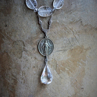 Mother Mary Necklace w/Antique Etched Rock Crystal Beads,Rare Sculptural Marian Medal,Antique Sterling Marcasite Connector,Faceted Glass Drop