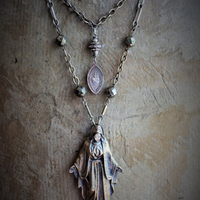 Open your Arms Necklace w/Extraordinary Bronze Marian Medal,Antique French Sacred Heart Medal,Antique & Vintage Mixed Chain Fragments