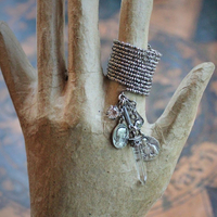 Antique Faceted Cut Steel Bead 12 Coil Ring w/Antique French Medals,Sterling Capped Crystal Point,Antique Faceted Crystal Drops