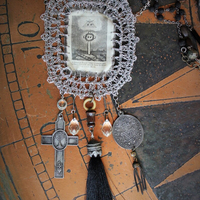 Antique Sacred Heart Blessing Bag w/Antique Holy Water Vessel,Multiple Antique Rosary & Bead Findings,Silk Black Tassel,Faceted Pyrite+