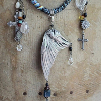 Find Your Way Home Necklace w/Antique Kantha Textile,Silver Bird Wing,Persevere Cross,Faceted Rock Quartz Nuggets,Sacred Heart Medal++