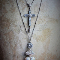 Large Rare Antique Sterling Georgian Black Dot Paste Cross Necklace w/Antique Sterling Star Punched Dome & Tear Drop ++