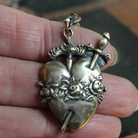 The Deeper that Sorrow Earrings w/Bronze Sacred Heart Medals,Antique Bezel Set Crystal Connectors,Bronze Earring Wires