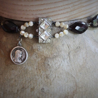 Rare Faceted Almandine Garnet Necklace with Exceptional Antique Marian Medal, Antique Sterling Angel Wing, French Engraved "Fill my Heart with your Love" Cross & More!