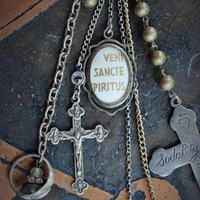 The Guardian Necklace w/Antique French Sterling Child Jesus Medal,1878 Virgin Medal,Rare Engraved Sodality Cross,Antique Child's Ring++