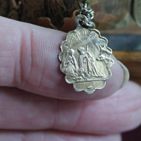 The Apparition Cuff Bracelet w/Antique French Benitier Marian Medal,Rare Antique Manger Scene Medal,Antique Prong Set Rhinestone Cross