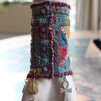 SOLD to L Wide Antique Lambani Textile Cuff with Assorted Antique Medals, Crosses and Drops