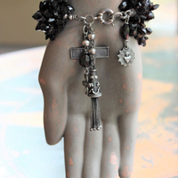 Wide 6 Strand Kite Faceted Pyrope Garnet Bracelet with French Sacred Heart Cross, Sterling Chain Tassel,Sterling Cross & Flaming Sacred Heart Medal
