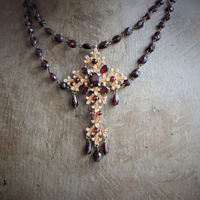 Vintage Siman Tu  Faceted Garnet Cross & Chain Necklace and Earring Set 