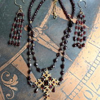 Vintage Siman Tu  Faceted Garnet Cross & Chain Necklace and Earring Set 