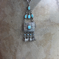 Let the Heart Sing Necklace with Unique Kuchi Gypsy Prayer Box Pendant, Turquoise Cabochons, Antique Sterling Foxtail Chain