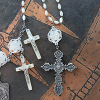 The Reparation Necklace with Beautiful French Reparations Medal,Sacred Heart Cross,Antique French Mother of Pearl Crucifixes,Antique Carved Mother of Pearl Findings