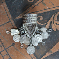 Unique Sterling Shield Dangle Ring with Miniature Antique French Medals,Tiny Bezel Set Faceted Crystal and Tiny Sterling Crosses