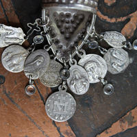 Unique Sterling Shield Dangle Ring with Miniature Antique French Medals,Tiny Bezel Set Faceted Crystal and Tiny Sterling Crosses