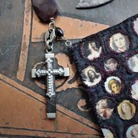 Keep Standing Necklace with Antique Holy Image Textile Leather Pouch,Tiny Sterling Star Topped Crowns, Faceted Pyrope Garnet & Antique Rosary Bead Chain, Antique Scapulars & More!