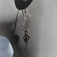 Between Me and Thee Earrings with Engraved Mizpah Coin Halves, Antique Cross and Crown Key Findings