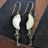 Between Me and Thee Earrings with Engraved Mizpah Coin Halves, Antique Cross and Crown Key Findings