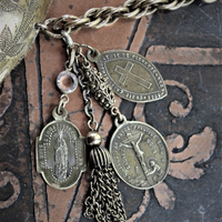 Antique French Engraved Ex Voto Heart Bracelet with Rare Antique French Medals,Bezel Set Faceted Crystal Connector,Antique Chain Tassel