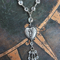 The Victory Necklace with Antique Bezel Set Faceted Crystal Chain,French Sign of Victory Heart Medals,Antique Bezel Set Crystal Tassel