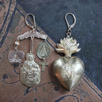 Asymmetrical Earrings with Petit Antique French Ex Voto Locket, Antique Engraved Witches Heart,Generations of Christ Finding & More!