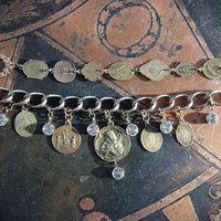 Antique Embossed Link Charm Bracelet Set with Antique French Medals and Cup Set Faceted Rhinestone Drops