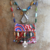 Antique Embroidered Textile Pouch Necklace with Rare Antique IOOF All Seeing Eye,Antique Art Deco Beads,Clear Quartz Stones & More!