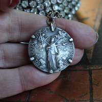 Antique Faceted Rhinestone Cuff Bracelet with Rare Antique French Ave Maria Medal, Antique Sterling Bead Point Cross, Antique Sterling Reliquary Locket & More!