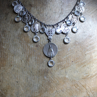 Rare Antique French Our Lady of Myans Necklace with Multiple Antique French Medals,Sterling Cross Connector, Faceted Crystal Drops and Sterling Chain