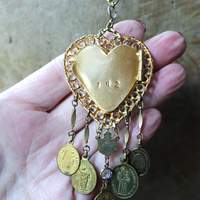 Rare Antique French Ex Voto Rhinestone Locket Necklace with Antique French Medals,Sterling Vermeil Foxtail Chain and 14K Gold Clasp
