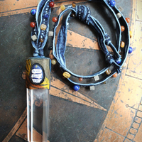 Sold to J The Vision of Enoch Necklace with Clear Quartz Point, Distressed Denim Chain, Handsewn Stones
