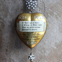 Rare 1938 French Sacred Heart Locket Necklace with 2 Antique Scapulars,Vintage Faceted Rhinestone Connectors and Chain Tassel