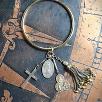 14K Italian Gold Bangle Bracelet w/Antique Marian Medal,Antique Foxtail Tassel,Rare Antique Sterling Vermeil Scapular Medal & Antique Engraved Rolled Gold Cross