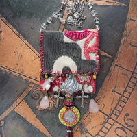Antique Corduroy Textile Pouch Necklace with Unique Tassel,Faceted Rose Quartz Tear Drops,Antique Rosary Fragments,Antique Scapular & More!